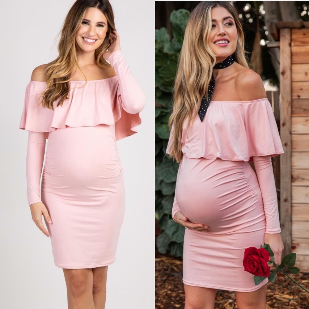 Pinkblush Pink Ruffle Trim Off Shoulder Long Sleeve Maternity Dress